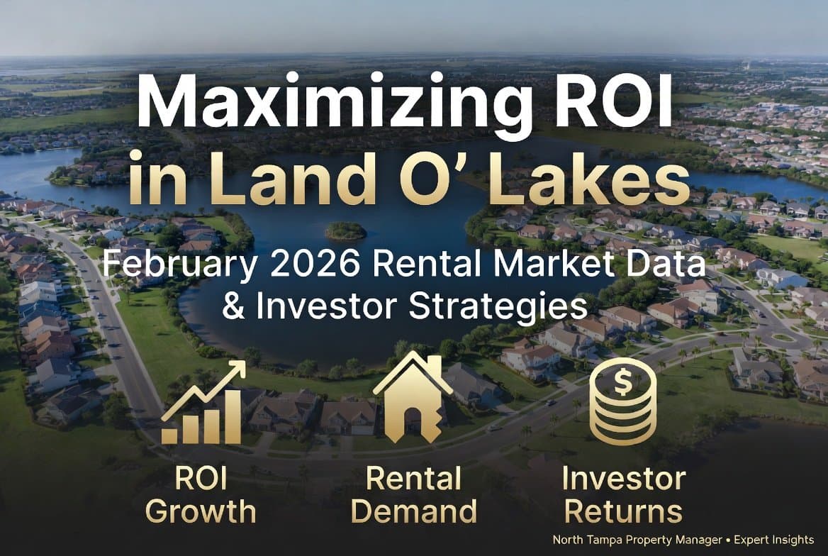 Aerial view of Land O’ Lakes, Florida, showcasing modern suburban homes, lakes, and palm-lined neighborhoods. Bold gold and white overlay text reads “Maximizing ROI in Land O’ Lakes: February 2026 Rental Market Data & Investor Strategies.” Three gold icons highlight ROI Growth, Rental Demand, and Investor Returns. Branded for North Tampa Property Manager • Expert Insights.