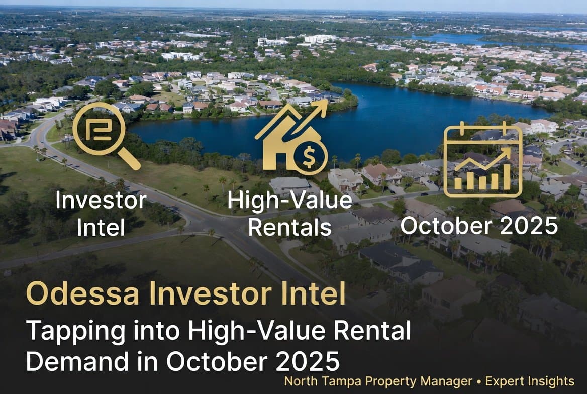 Aerial view of Odessa, Florida, featuring modern suburban homes, sparkling lakes, palm-lined neighborhoods, and upscale residential communities. Bold white and gold overlay text reads “Odessa Investor Intel: Tapping into High-Value Rental Demand in October 2025.” Three gold icons highlight Investor Intel, High-Value Rentals, and October 2025. Branded for North Tampa Property Manager • Expert Insights.