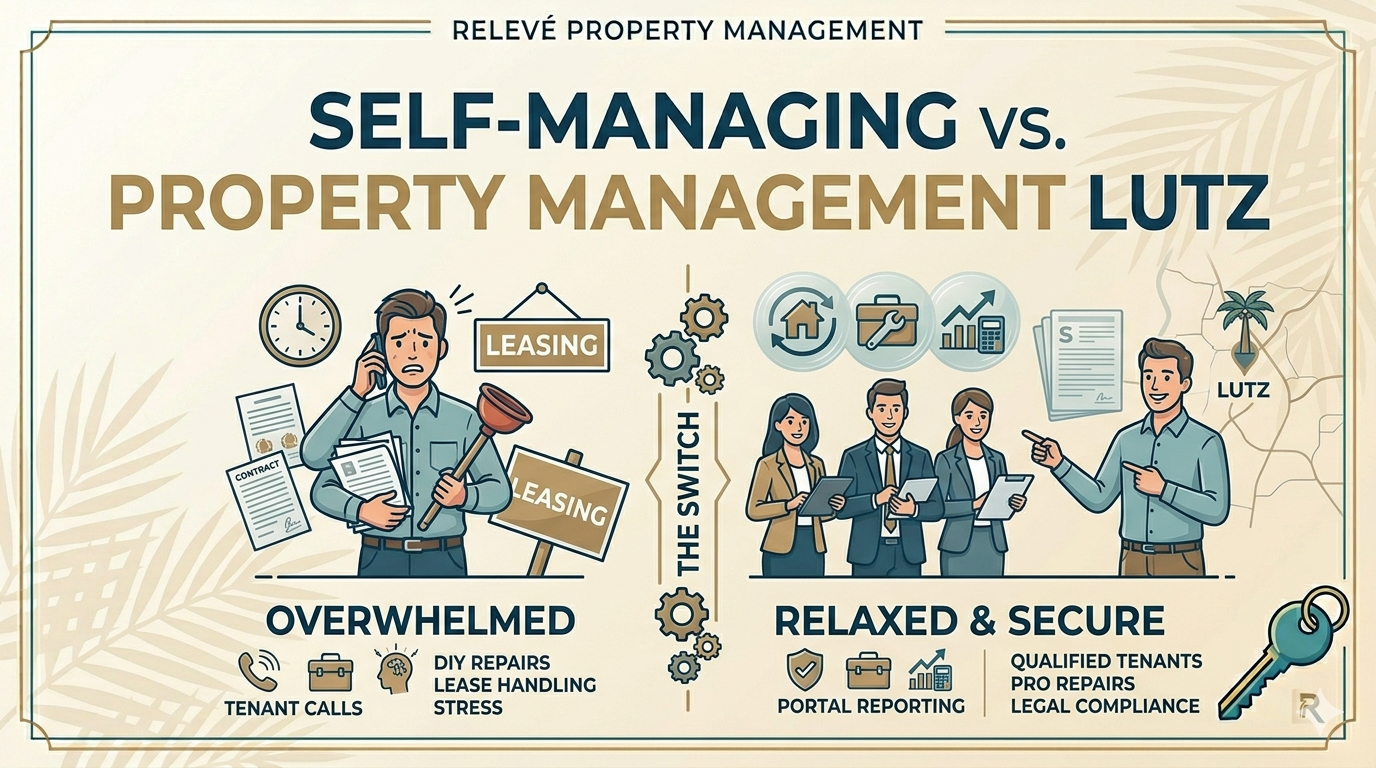n infographic by Relevé Property Management comparing "Self-Managing" with an overwhelmed landlord and "Property Management Lutz" with a professional team, highlighting the benefits of relaxed security and compliance in Lutz, FL.