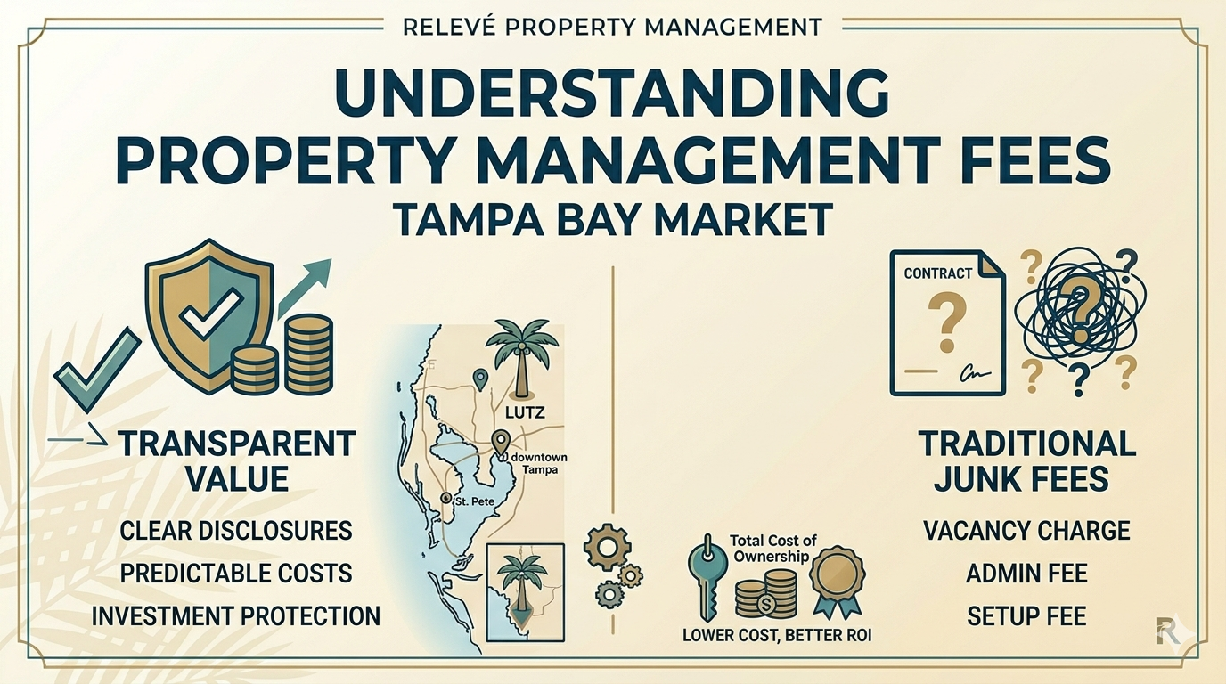 A professional Relevé Property Management infographic comparing "Transparent Value" with predictable costs and investment protection against "Traditional Junk Fees" like vacancy charges and admin fees in the Tampa Bay market.
