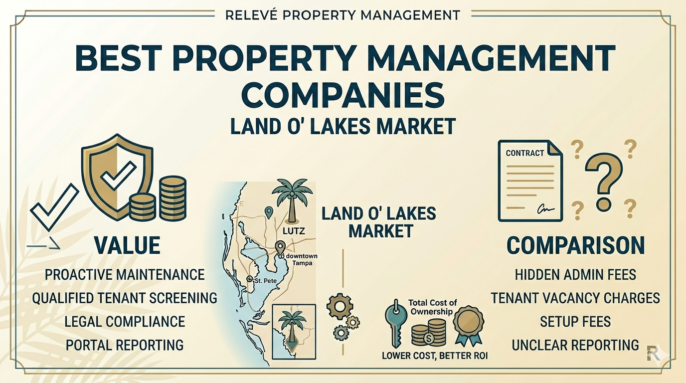An infographic by Relevé Property Management comparing "Value" (proactive maintenance, screening, compliance) versus "Comparison" (hidden fees, vacancy charges) for Land O' Lakes, including a map with Tampa, St. Pete, and Lutz.