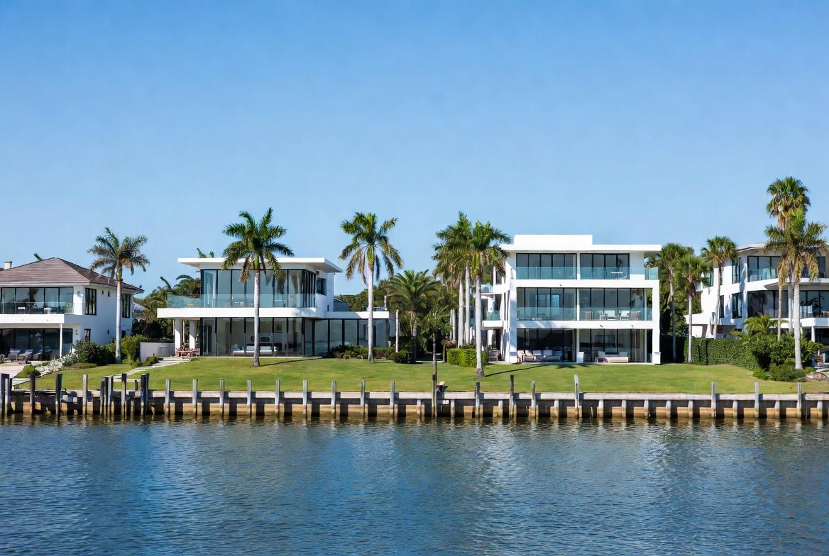 High-end waterfront luxury properties with palm trees along a Florida canal