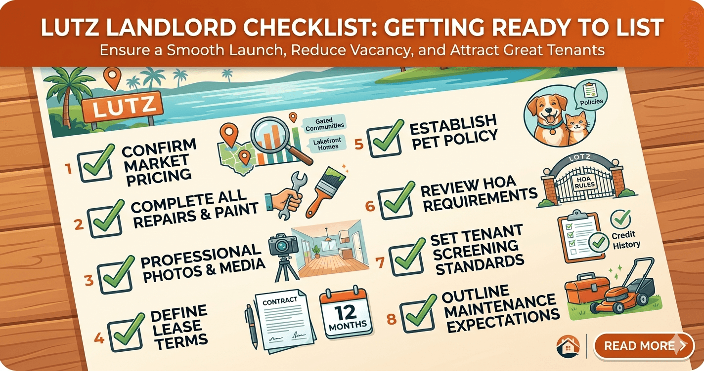 A featured blog image in an illustrative style, titled "LUTZ LANDLORD CHECKLIST: GETTING READY TO LIST" and sub-titled "Ensure a Smooth Launch, Reduce Vacancy, and Attract Great Tenants." The central image is a numbered checklist on a clipboard graphic, set against a background of wooden planks and a stylized illustration of a Lutz landscape with a sign labeled "LUTZ," a lake, and palm trees. There are eight checklist items, each with a green checkmark and a corresponding icon: 1) CONFIRM MARKET PRICING (a magnifying glass over charts and a "LUTZ" map showing "Gated Communities" and "Lakefront Homes"), 2) COMPLETE ALL REPAIRS & PAINT (a hand holding a wrench and paintbrush), 3) PROFESSIONAL PHOTOS & MEDIA (a camera on a tripod in a living room), 4) DEFINE LEASE TERMS (a "CONTRACT" document and a calendar showing "12 MONTHS"), 5) ESTABLISH PET POLICY (a happy dog and cat and "Policies"), 6) REVIEW HOA REQUIREMENTS (a gated entrance with "HOA RULES"), 7) SET TENANT SCREENING STANDARDS (a checklist on a clipboard with "Credit History"), and 8) OUTLINE MAINTENANCE EXPECTATIONS (a toolbox and a lawnmower). A button in the bottom right corner says "READ MORE >".