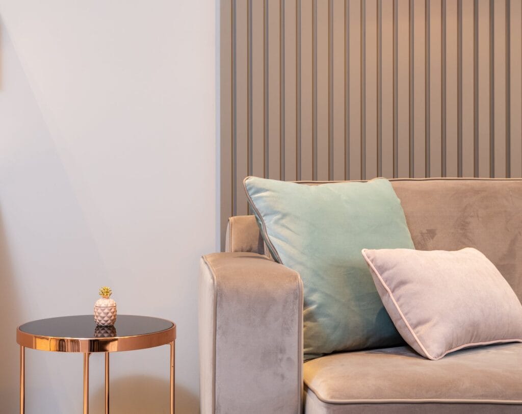 comfortable couch and coffee table in modern living room rent-ready