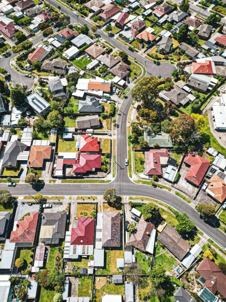 drone shot of neighborhood